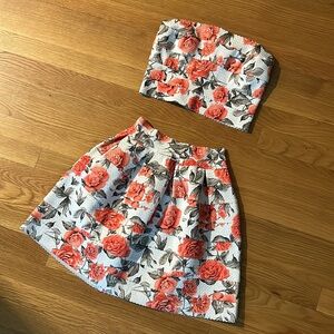 FLORAL Coral Orange Red Black Flower Rose Bandage Skirt Tube Top 2Piece Set XS-S